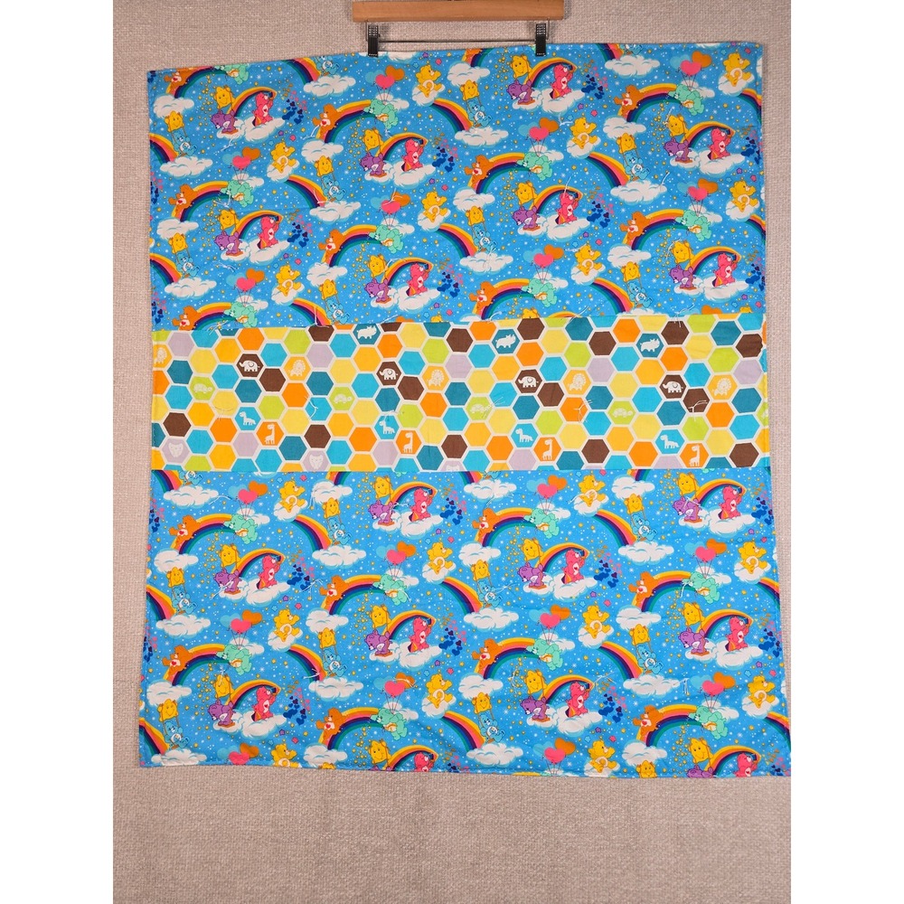 Vintage Care Bears Baby‎ Blanket Quilt Hand Tied Reversible Animals Blue 40x47